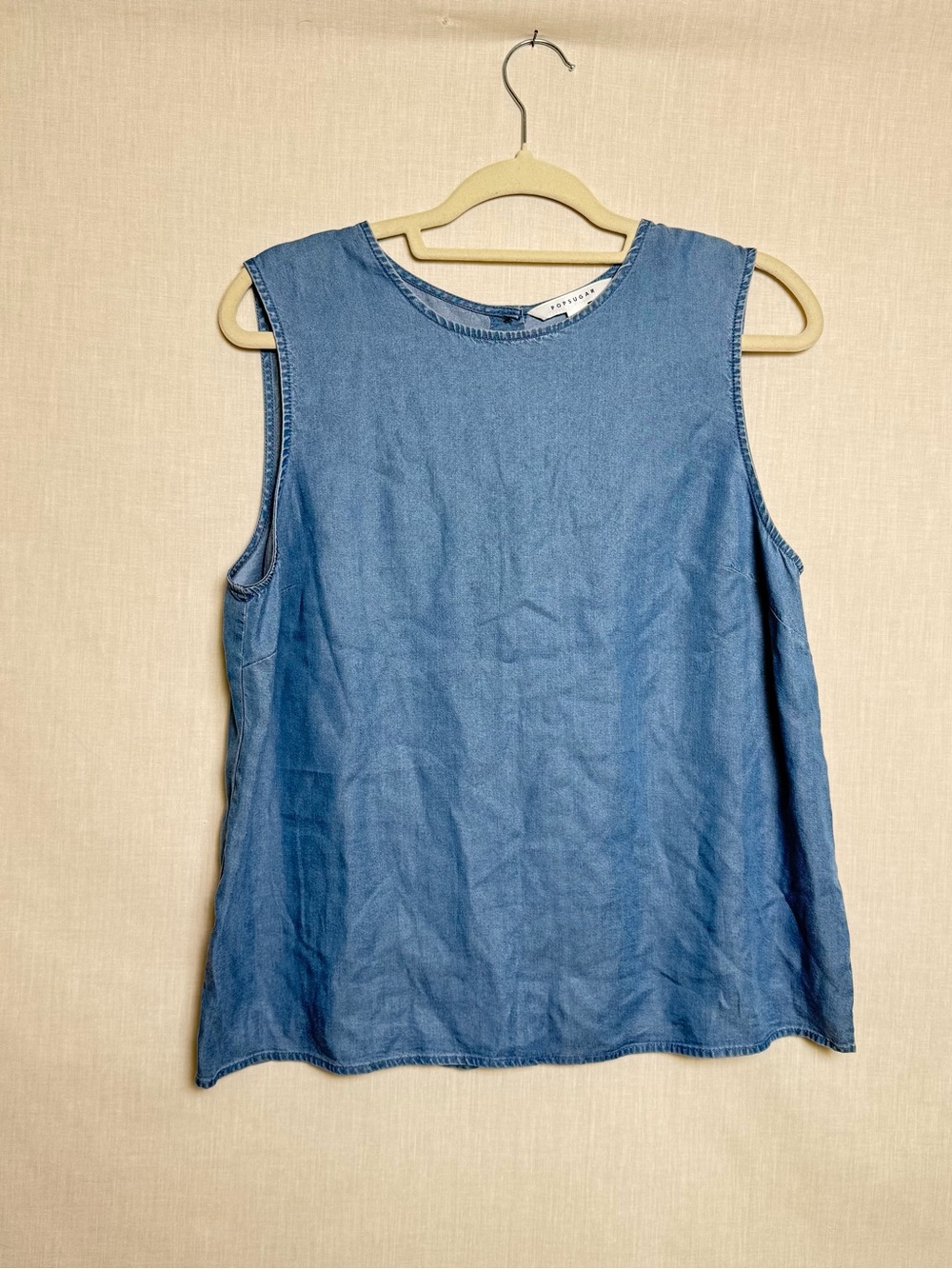 Popsugar Chambray Sleeveless Blouse Women’s Large Button Back Lyocell Top Blue